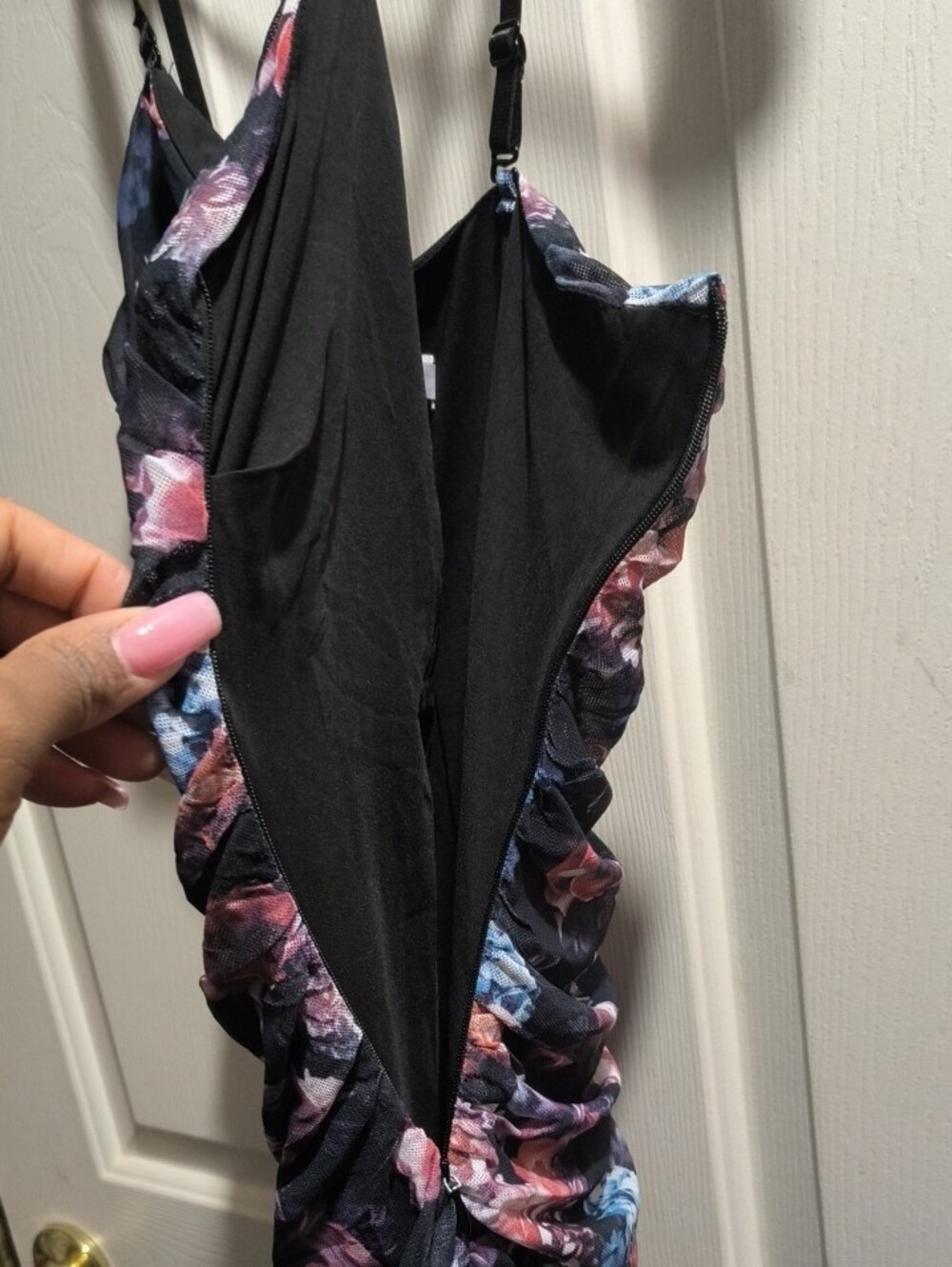 Ruched Floral Midi Slip Dress in Navy and Pink - Picture 4 of 6